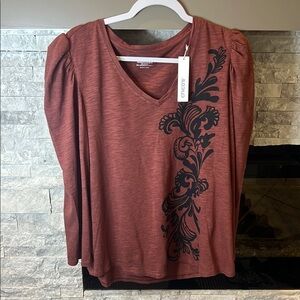 Chico's NWT V-Neck Long Sleeve Top Rust Red Puff Shoulder Graphic Print Sz XL